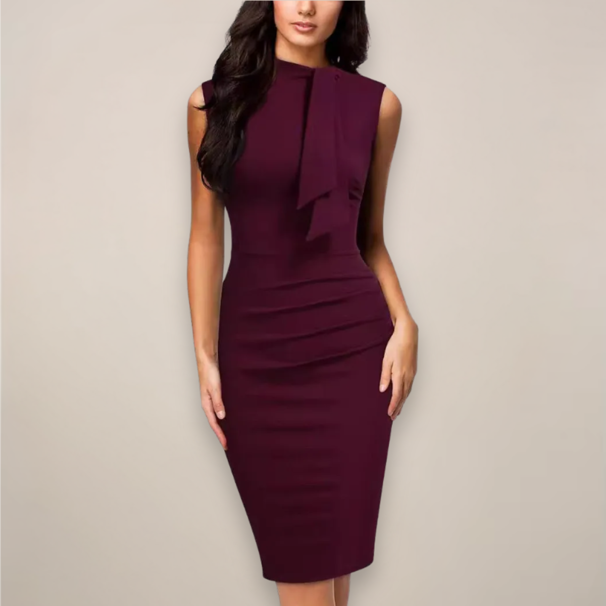 Dames Mouwloze Midi Zomerjurk – Hoge Hals en Gerimpelde Taille