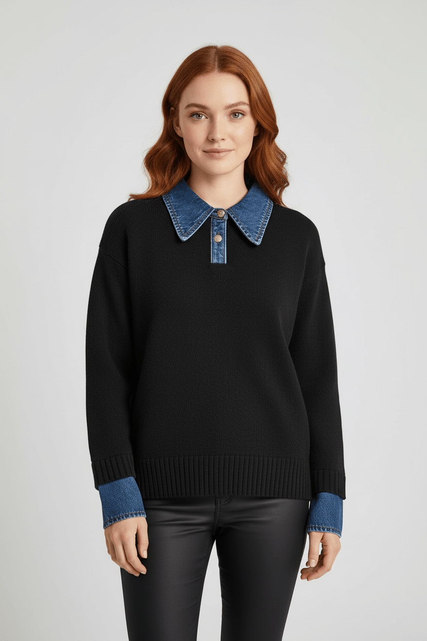 Dames Trui met Denim Kraag | Relaxed Fit & Gelaagde Look