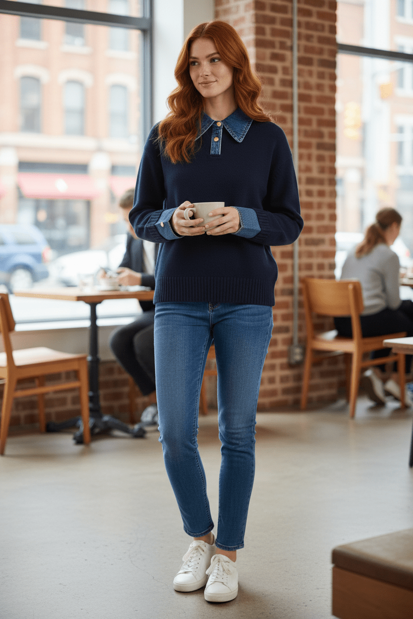 Dames Trui met Denim Kraag | Relaxed Fit & Gelaagde Look