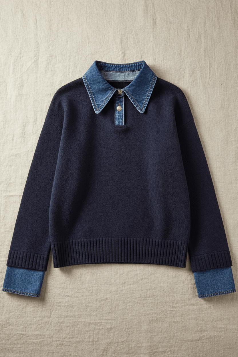 Dames Trui met Denim Kraag | Relaxed Fit & Gelaagde Look