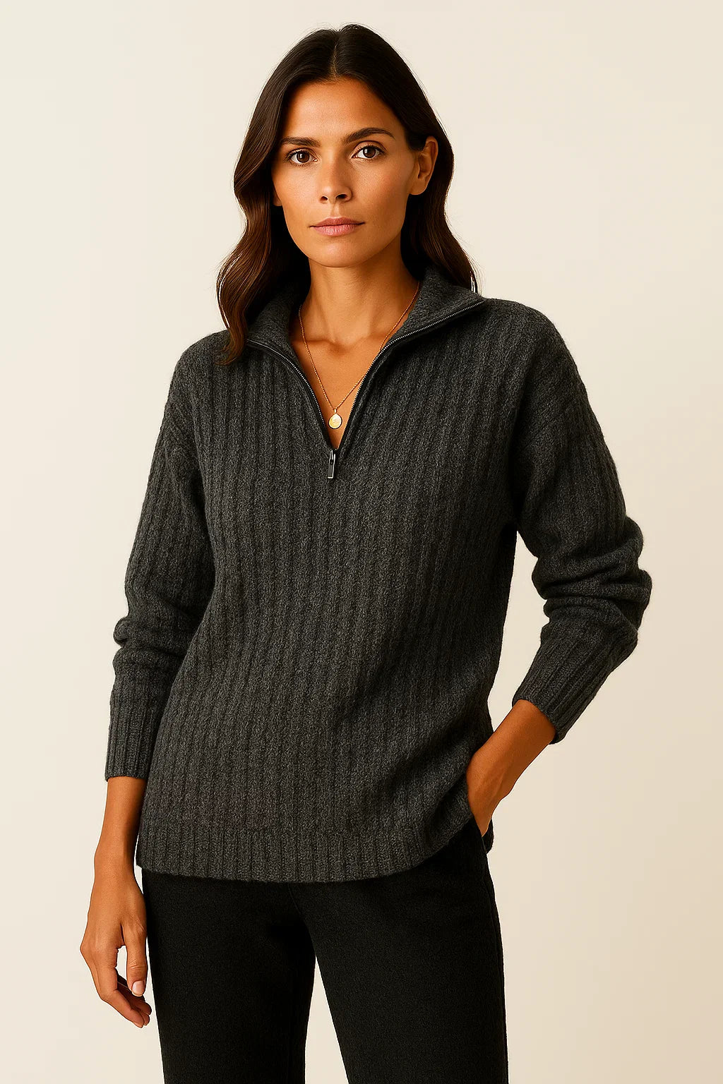 Half Zip Trui Dames – Grijze pullover met casual fit en lange mouwen