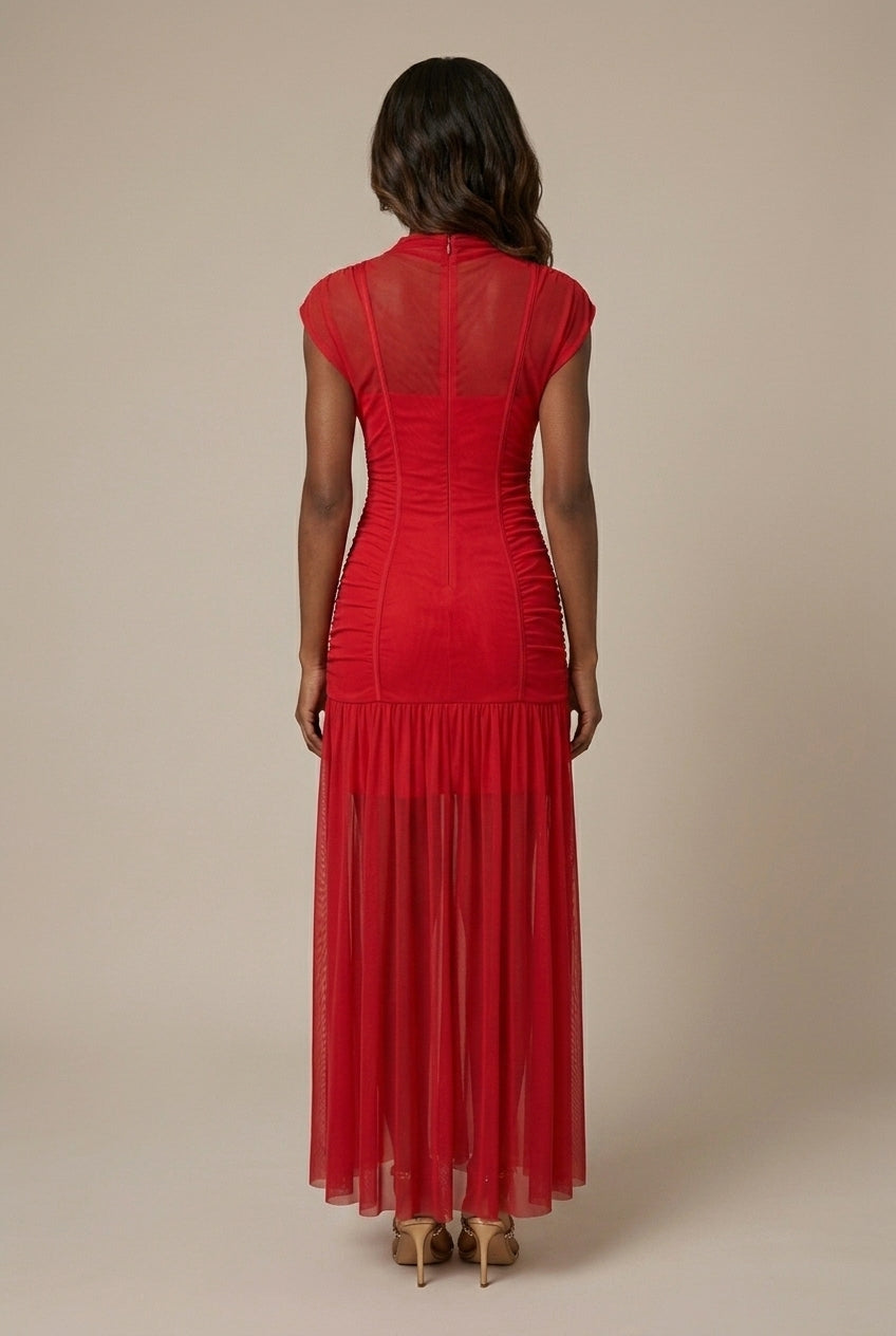 Dames Maxi Jurk met Mesh Rok – Gerimpte Top en Hoge Hals