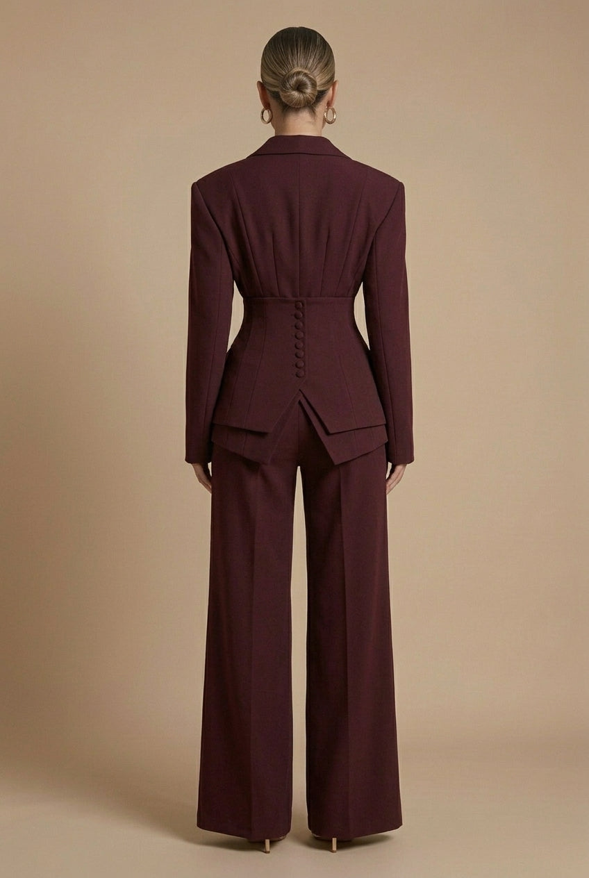Dames Tweedelige Pakset – Getailleerde Blazer met Wijde Broek