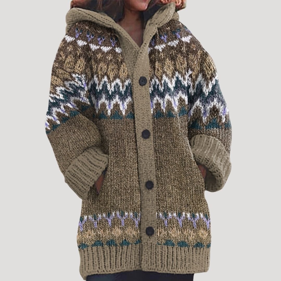Dames Gebreid Vest met Fair Isle Patroon | Warm en Comfortabel voor de Winter - De Mode OutletWomen’s fair isle chunky knit patterned cardigan-Brown-8 (S)