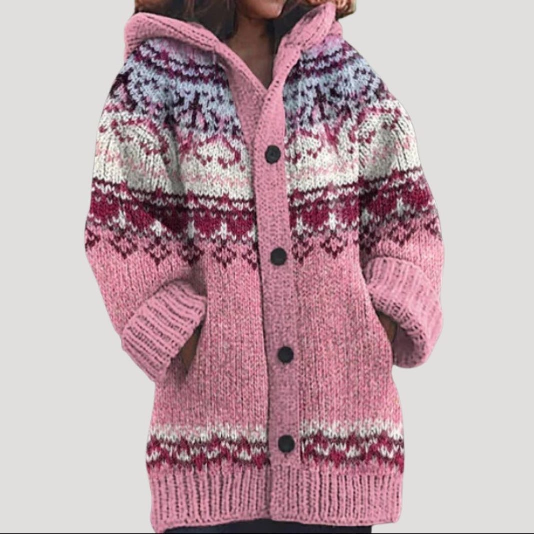 Dames Gebreid Vest met Fair Isle Patroon | Warm en Comfortabel voor de Winter - De Mode OutletWomen’s fair isle chunky knit patterned cardigan-Pink-8 (S)