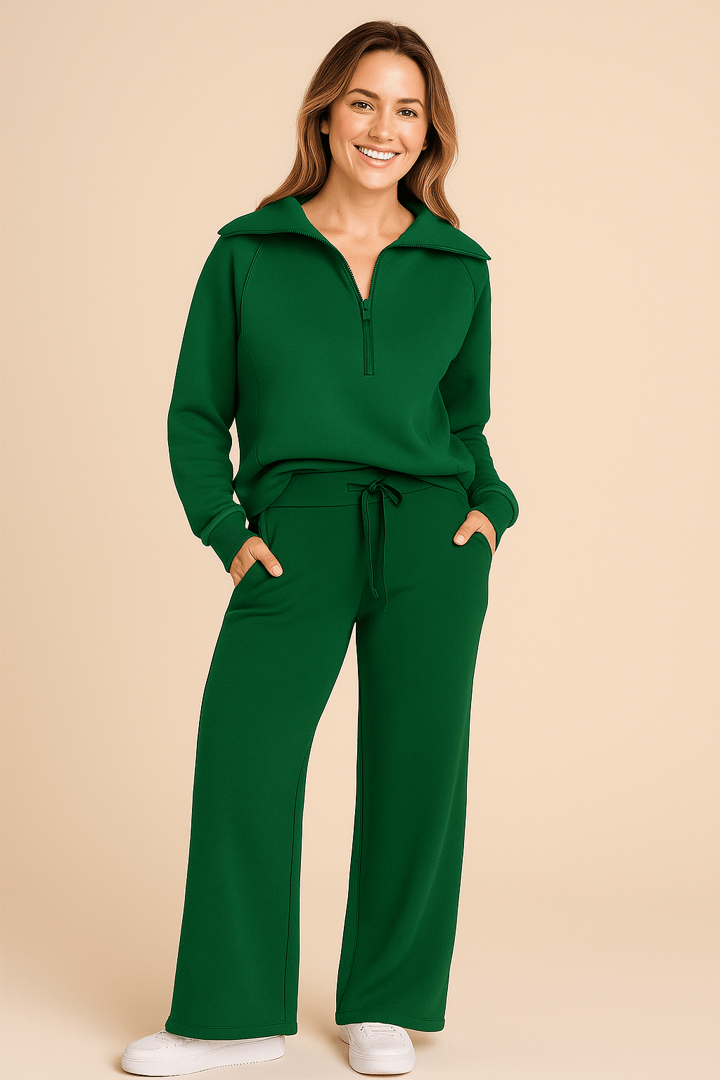Dames lounge set | Ontspannen pasvorm met half - zip trui en wijde broek - De Mode Outlet