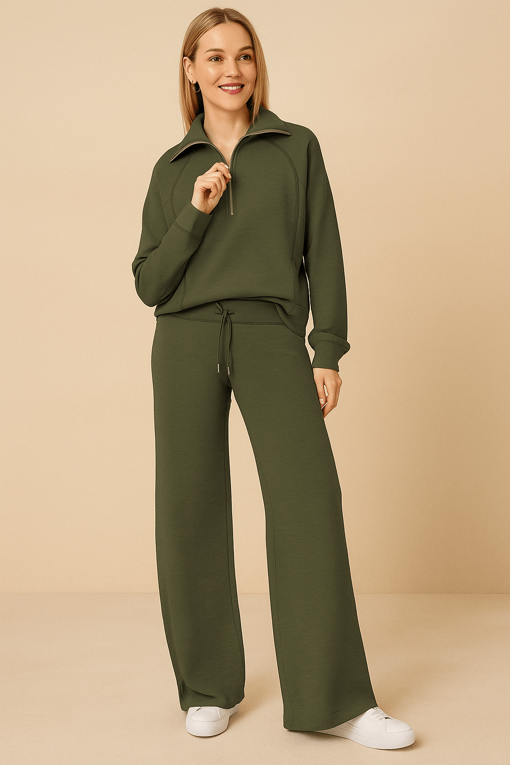 Dames lounge set | Ontspannen pasvorm met half - zip trui en wijde broek - De Mode Outlet
