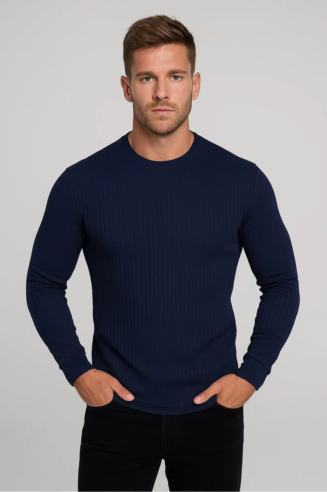 Heren Slim Fit Longsleeve met Geribde Structuur en Ronde Hals - De Mode Outlet