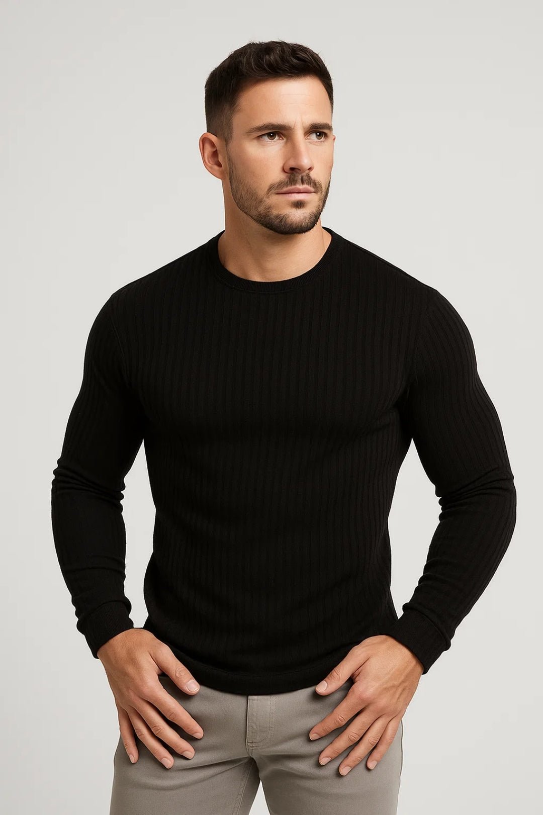 Heren Slim Fit Longsleeve met Geribde Structuur en Ronde Hals - De Mode Outlet