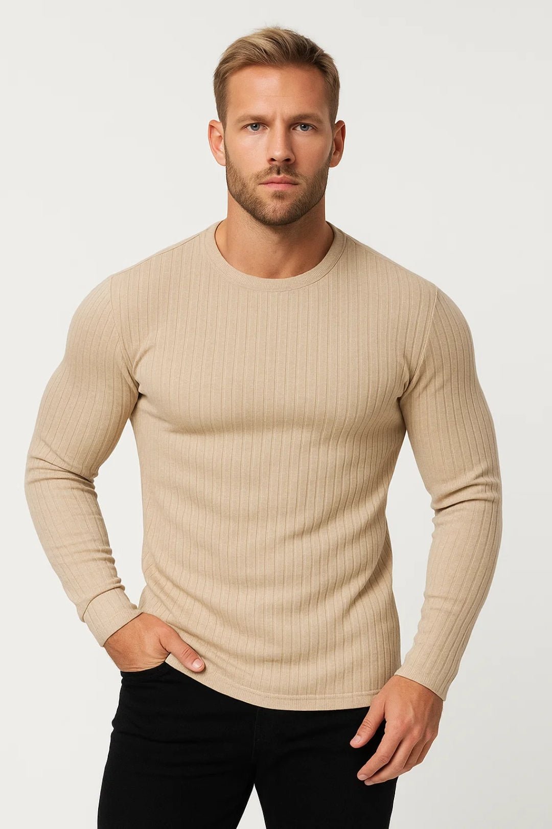 Heren Slim Fit Longsleeve met Geribde Structuur en Ronde Hals - De Mode Outlet