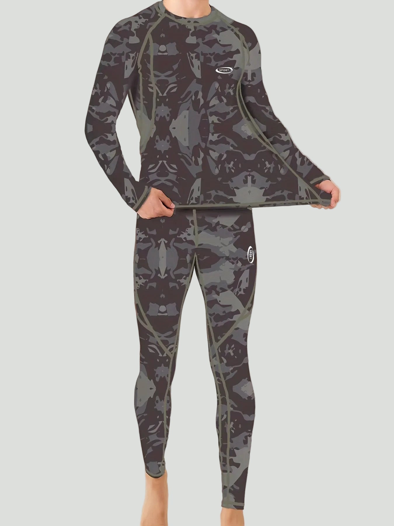 Heren Thermisch Shirt met Lange Mouwen en Broek Set – Camouflage Ontwerp voor Koud Weer - De Mode Outlet