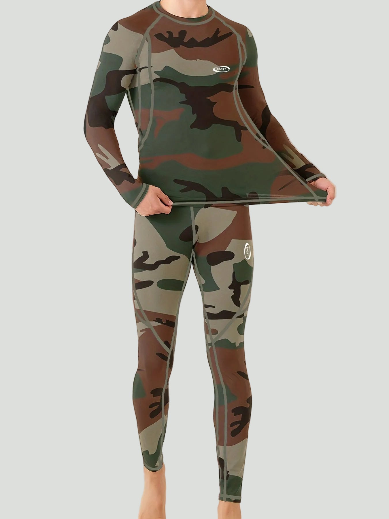 Heren Thermisch Shirt met Lange Mouwen en Broek Set – Camouflage Ontwerp voor Koud Weer - De Mode Outlet