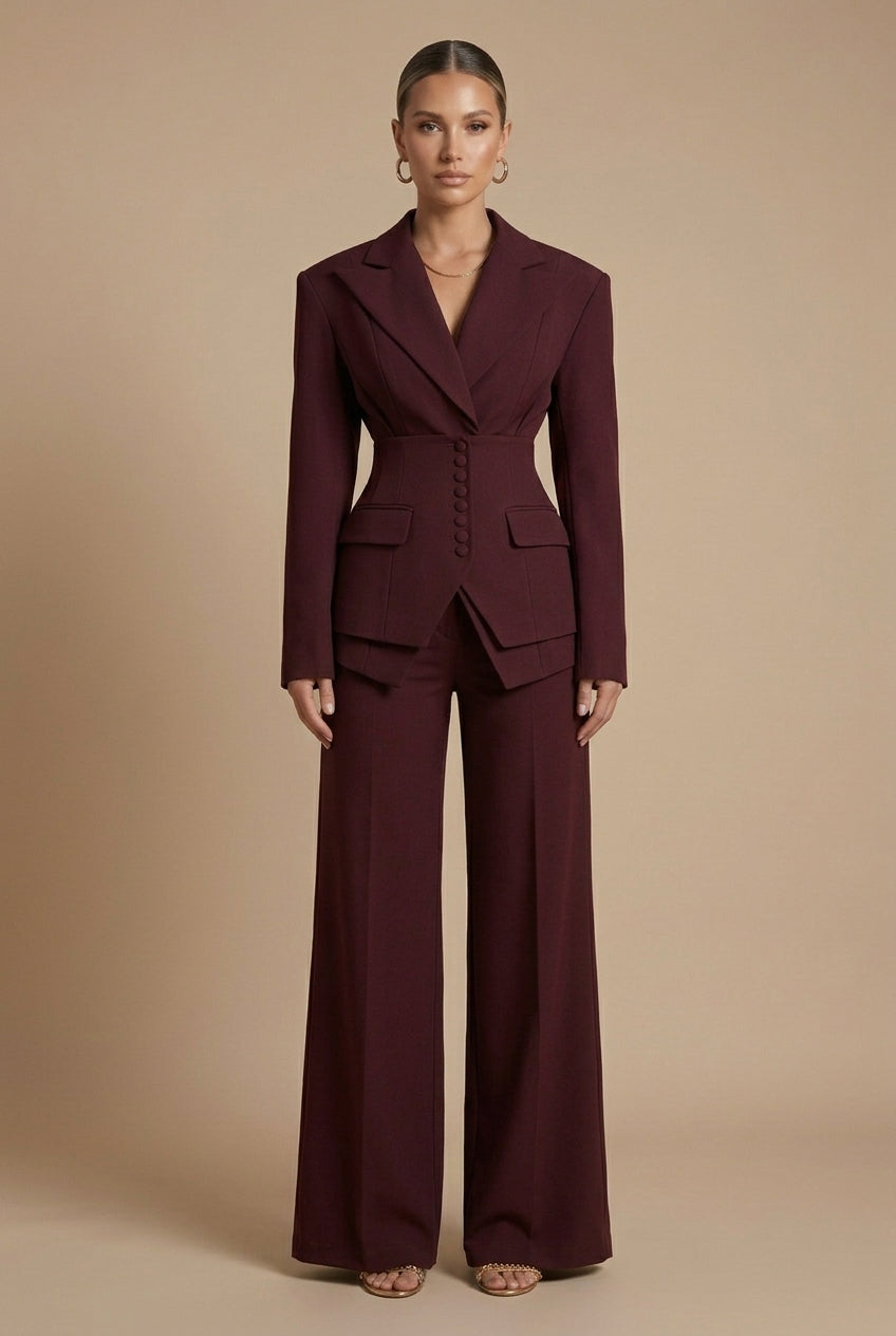 Dames Tweedelige Pakset – Getailleerde Blazer met Wijde Broek