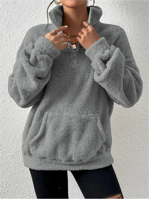Dames sweatshirt met ritssluiting | Zachte fleece trui met hoge kraag en buikzak