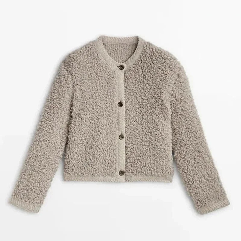 Dames Teddy Jas – Relaxed Fit Met Knoopsluiting en Ronde Hals
