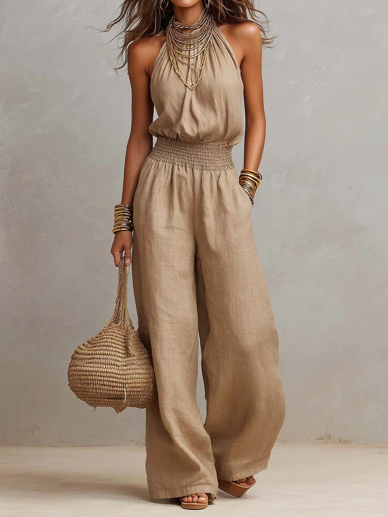 Dames Halter Jumpsuit - Wijde Pijpen en Gesmockte Taille voor Zomer