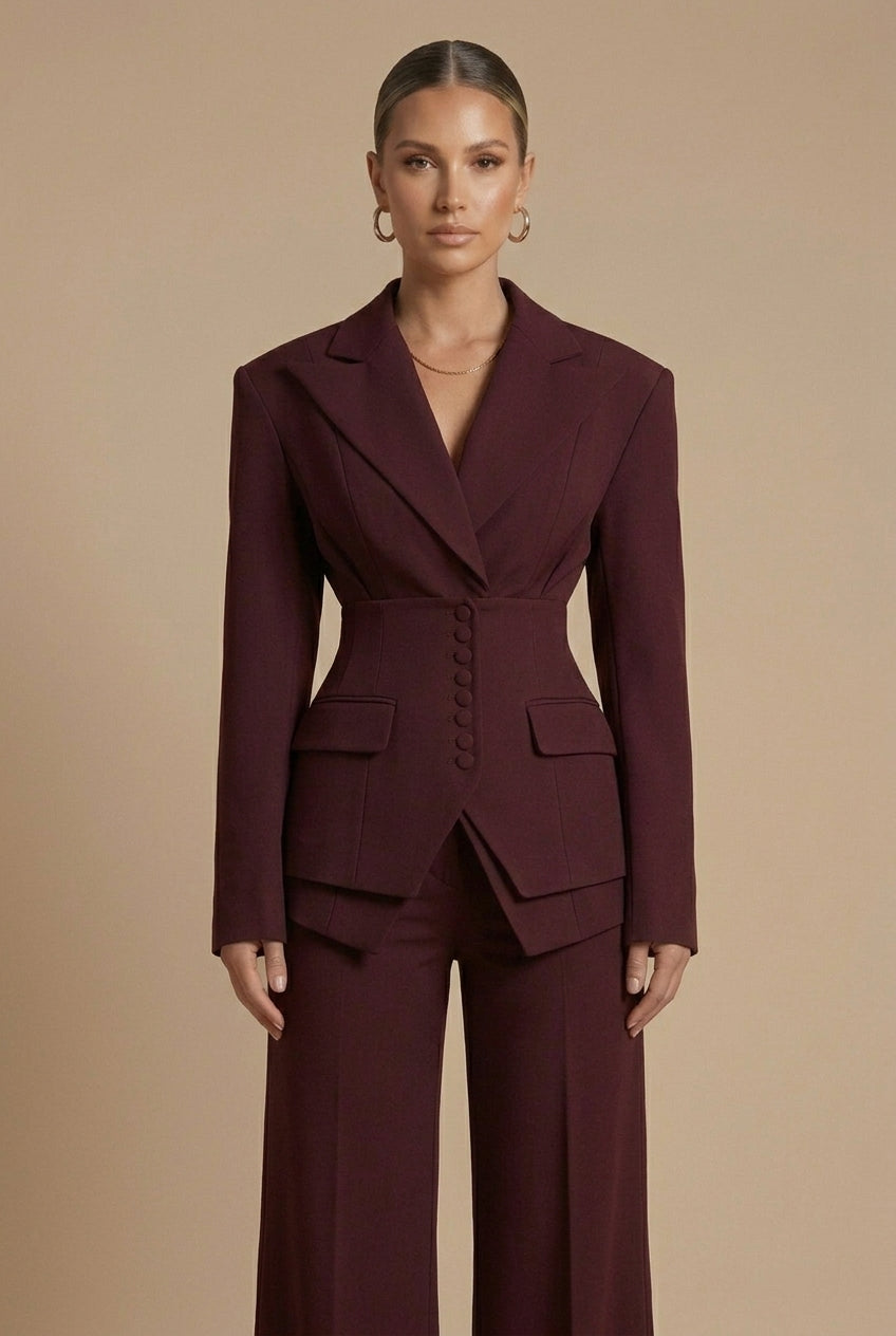 Dames Tweedelige Pakset – Getailleerde Blazer met Wijde Broek