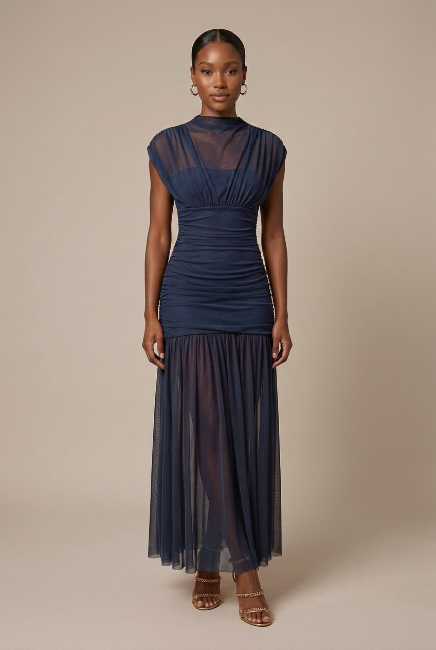 Dames Maxi Jurk met Mesh Rok – Gerimpte Top en Hoge Hals