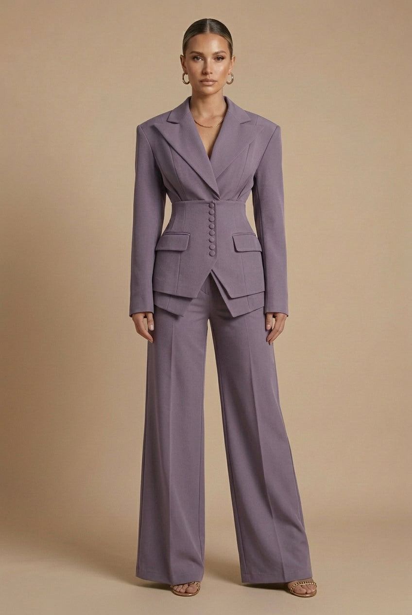 Dames Tweedelige Pakset – Getailleerde Blazer met Wijde Broek