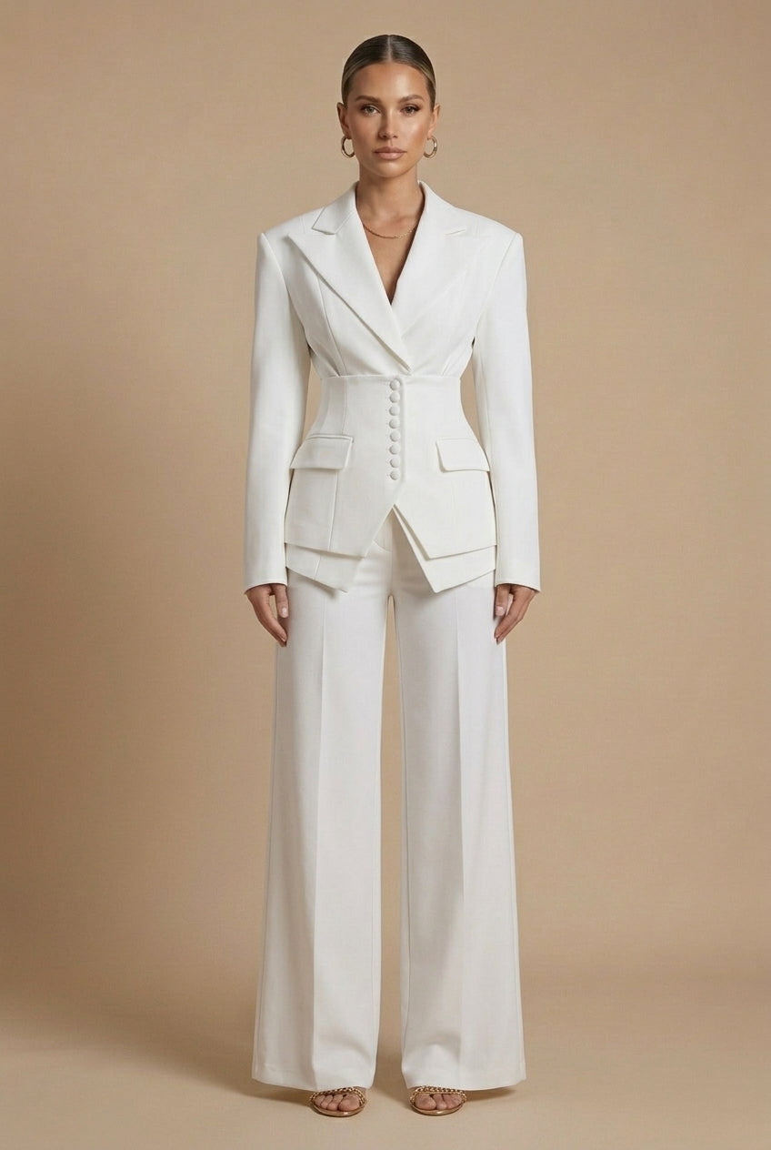 Dames Tweedelige Pakset – Getailleerde Blazer met Wijde Broek