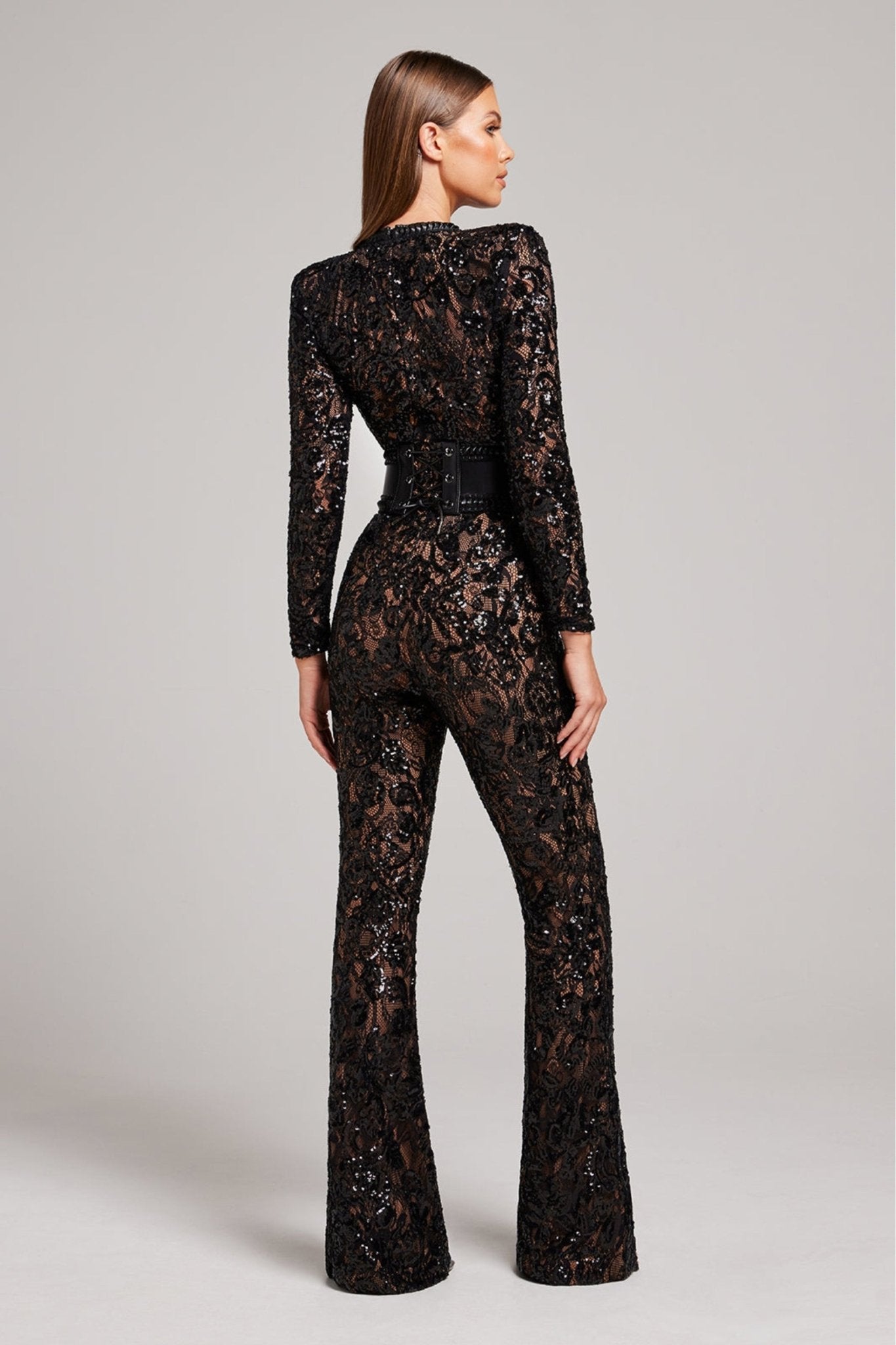 Dames Jumpsuit met Pailletten en Kant – Lange Mouwen en Aansluitende Taille