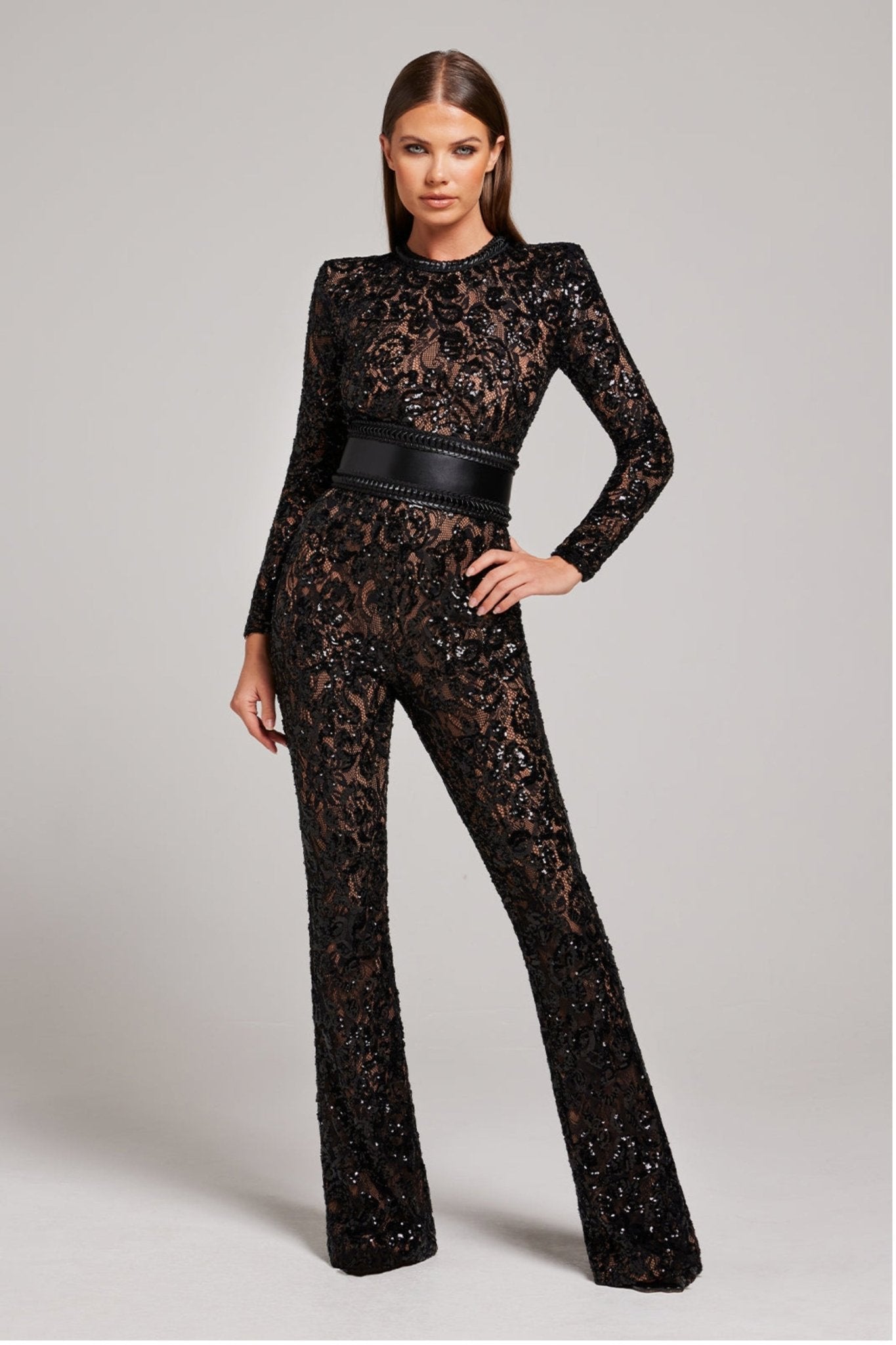 Dames Jumpsuit met Pailletten en Kant – Lange Mouwen en Aansluitende Taille